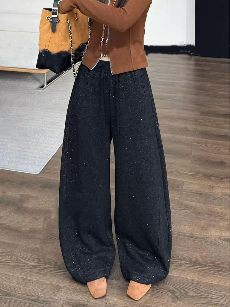 Fashionable Silver High-Waisted Wide-Leg Drawstring Pants – Women's Winter Casual Straight-Leg