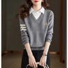 Autumn and winter new shirt collar knitted fake two-piece sweater women's fashion versatile long-sleeved knitted top bottoming shirt
