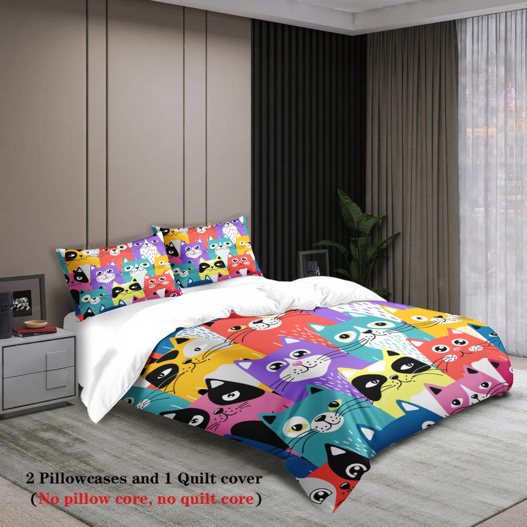 3Pcs Colorful Cats Duvet Cover Cartoon Cat Pattern 3Dprint Gifts For Students Girls 100%Polyester Bedding Sets With 2Pillowcases