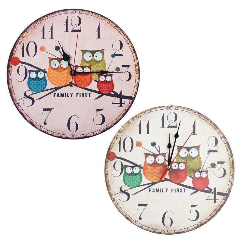 Retro Wooden Wall Clock Owl Rooster Vintage Rustic Non-Ticking Silent Quiet Home Office Kitchen Nursery Living Room Top Sale