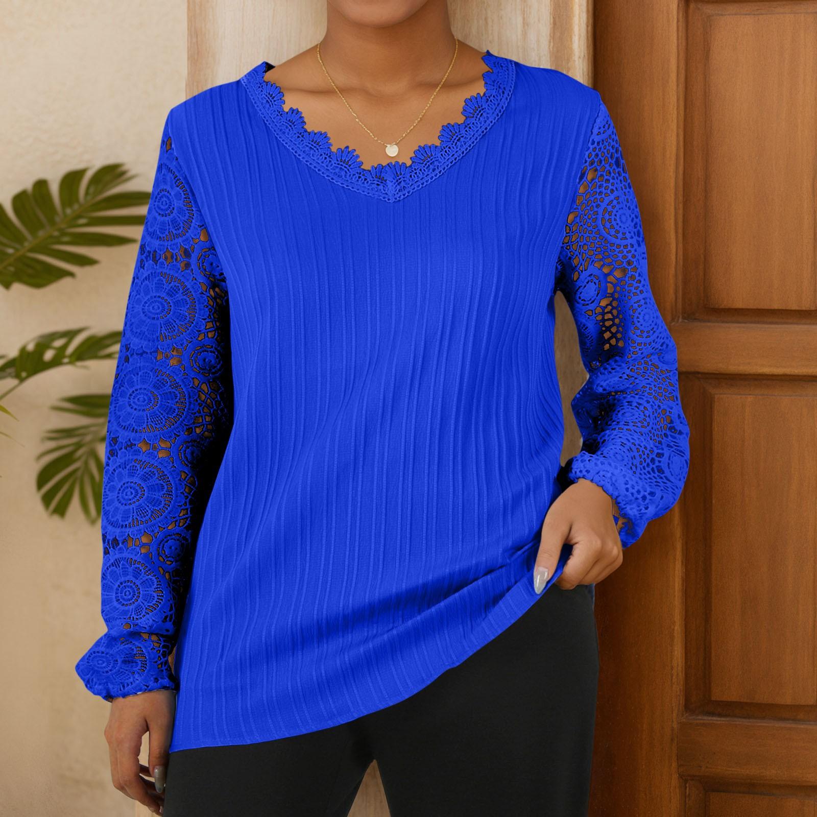 

Женская свободная повседневная футболка с v-образным вырезом и кружевом в стиле пэчворк с длинными рукавами XXL синий