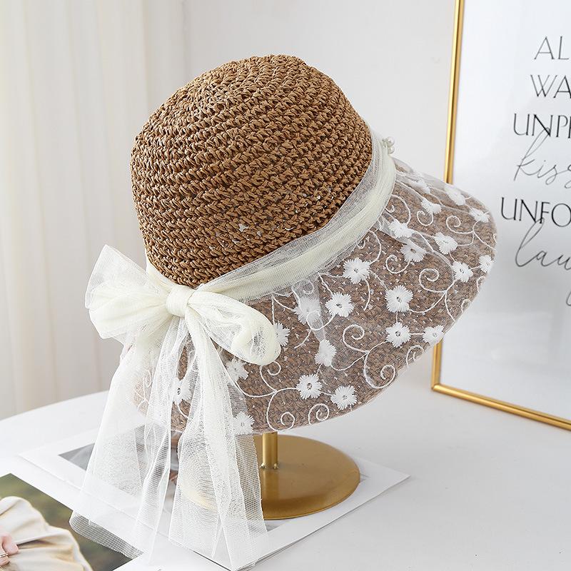 Neuer Häkel-Strohhut mit Blumenspitze für Damen, Eimerhut mit Perlen-Schleife, Sommer-Sonnenschutz, Sonnenhut, Glockenhut