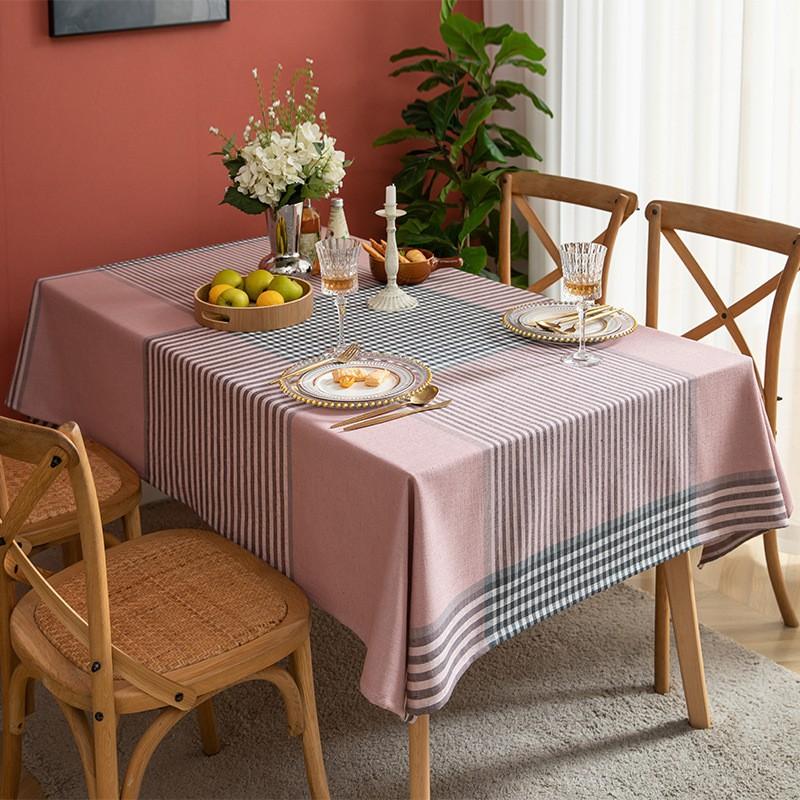 Nordic Style Linen Cotton Tablecloth Square Rectangular Plaid Stripe Washable Heat Resistant Dining Table Cover