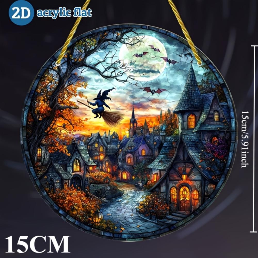2D Flat Acrylic Halloween Village Decoration - Witch Riding Broom, Full Moon, Suitable for Windows, Walls, Porches, Classrooms, Home Garden Decoration