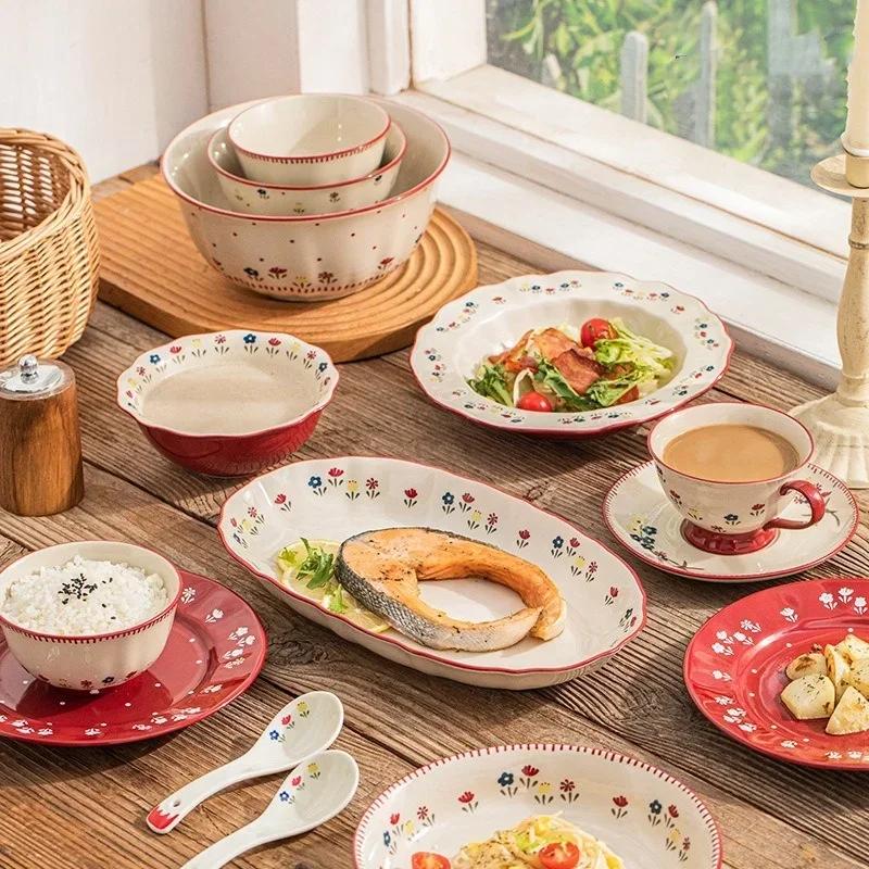 SOLECASA Ceramic Tableware Pastoral Style Rice Soup Bowl Fruit Salad Bowl Dish Pasta Dessert Plate Dinnerware Table Decoration