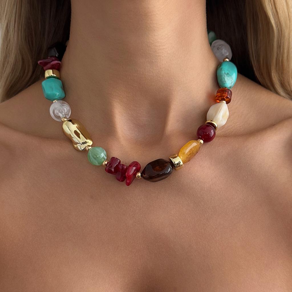 Colorful Beaded Necklace for Women, Multi-Color Irregular Resin Beads Choker, Bohemian Statement Jewelry
