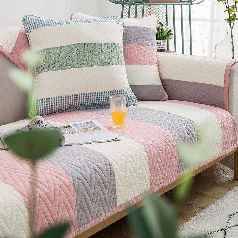 Grid Quilted Fabric Sofa Cover Slip Resistant Slipcover Printing Seat Cushion Sofa Towel Dust Cover Towel Couch For Living Room