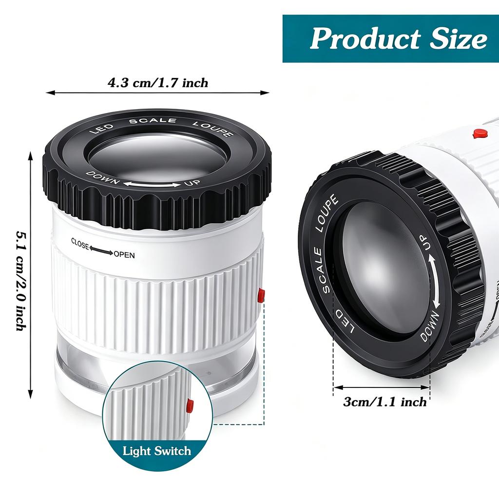 LED Scale Loupe 30X Adjustable Focal HD Magnifier Cylindrical Handheld Magnifying Glass with Scale Jewelry Magnifier Mini Lupa