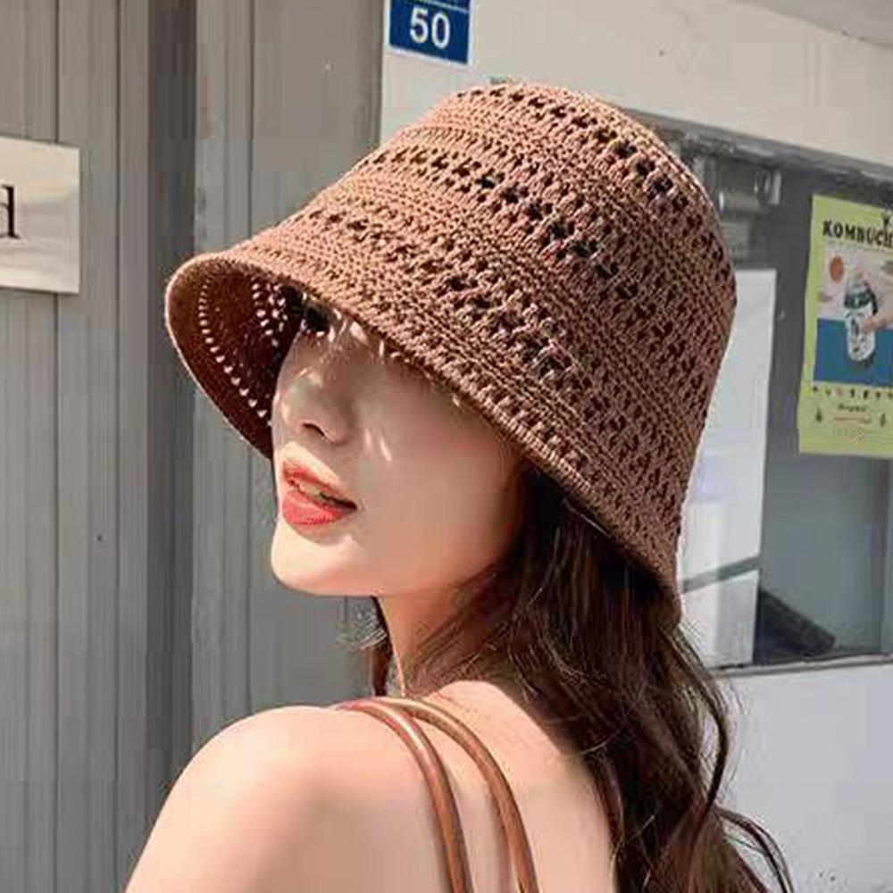 Summer New Hollow Knitted Bucket Hat Sun Protection and Sunshade Hat for Women's Leisure Versatile Small Fresh Fashion Pot Hat