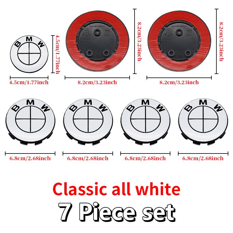 7Pcs Car Front Hood Emblem Wheel Hub Caps All White Logo For BMW M Logo G30 G31 G38 G11 G12 G20 G28 F10 F48 F49 G01 F20 F21 F22