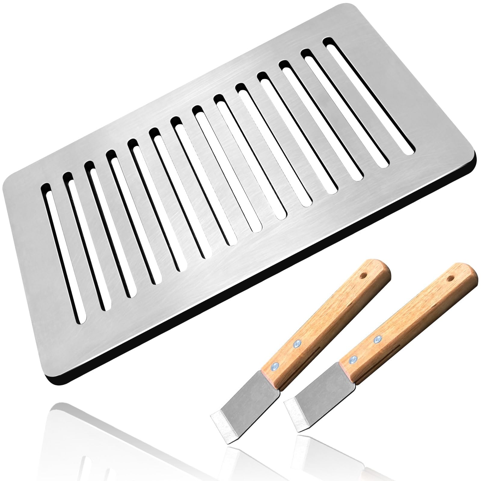 

(Someie) Stainless Steel Plate, Rustproof, for Grilling and Barbecue, 6mm Thick, with Slits, Includes 2 Scrapers (and Lifters)