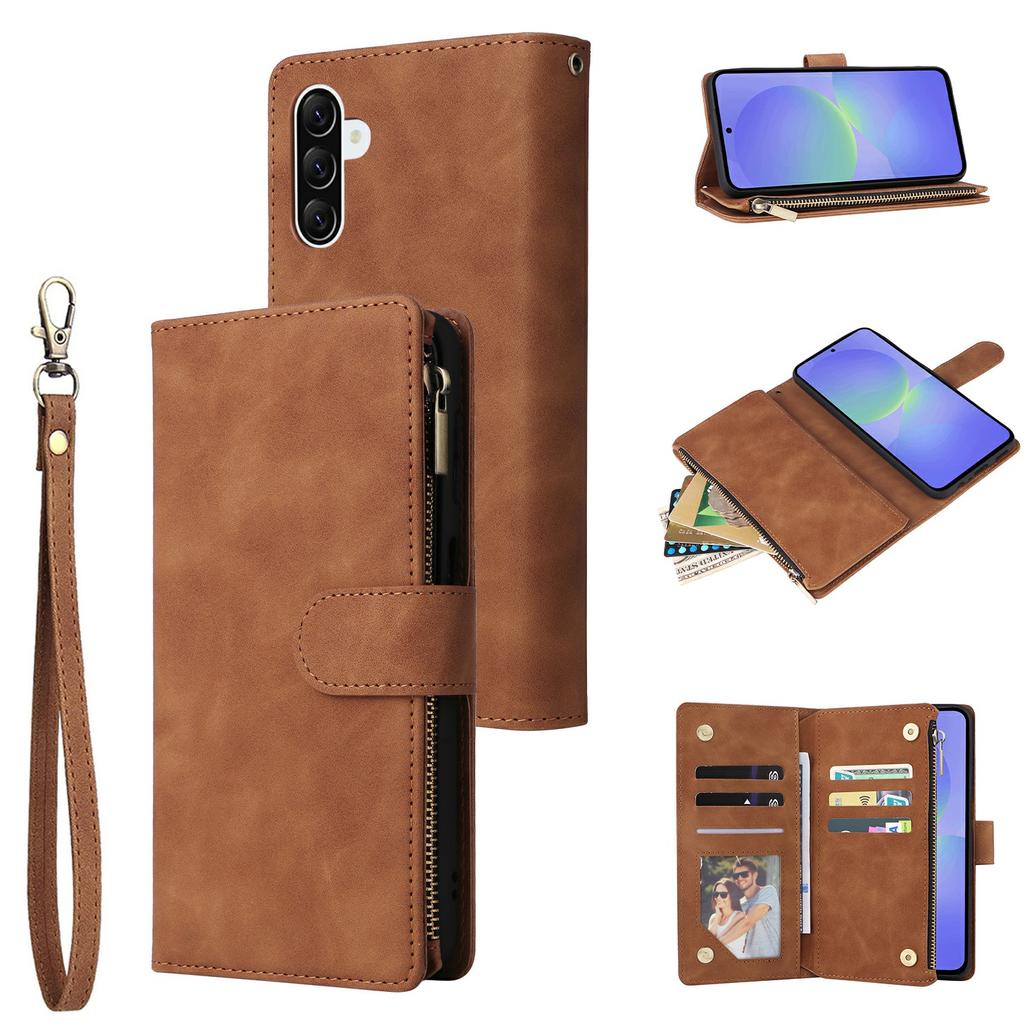 For Samsung Galaxy A37 5G Case Zipper Wallet Multiple Card Slots Leather Phone Cover with Wrist Strap