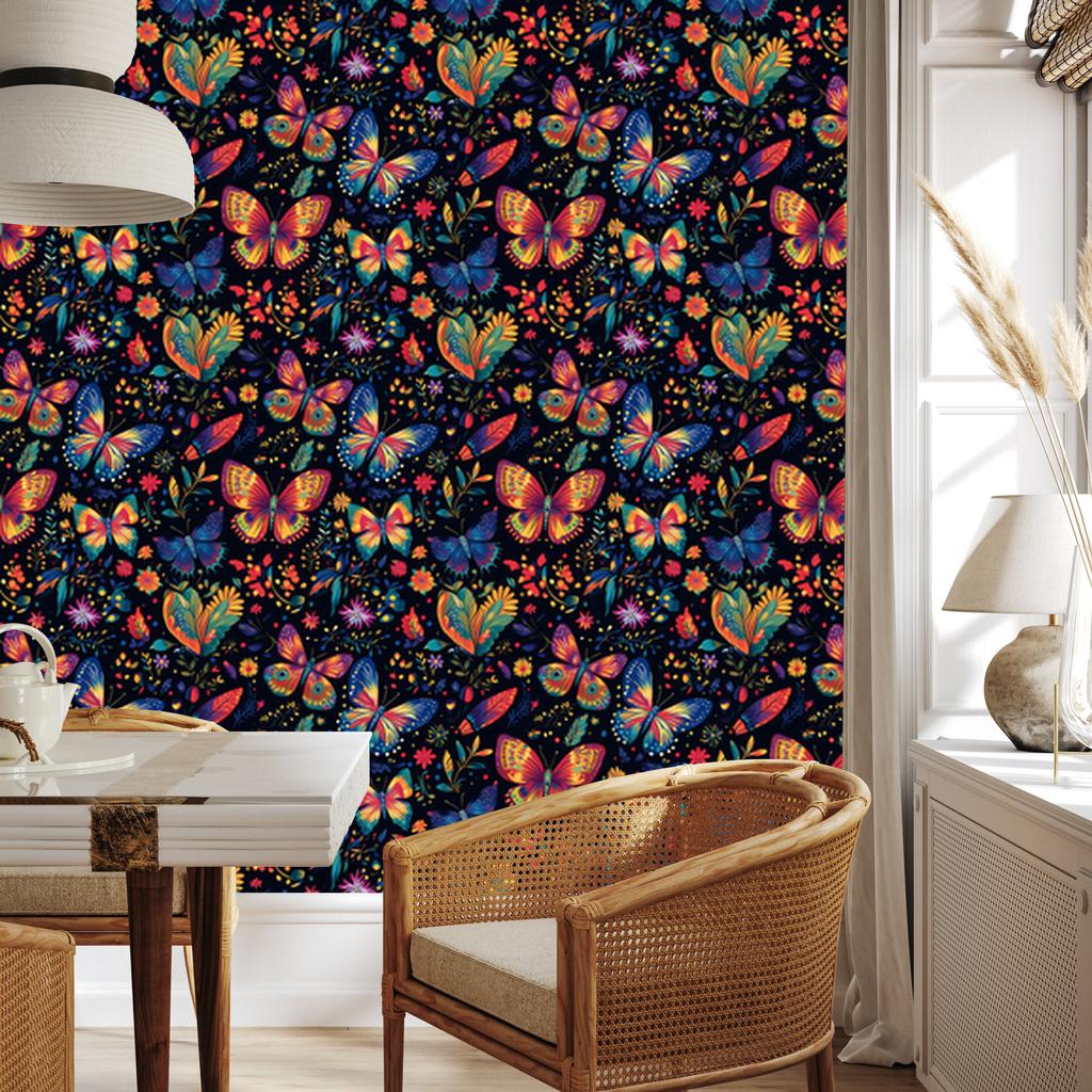 Wallpaper Colorful Butterflies Black and Navy Blue for Living Room and Bedroom 50x1000