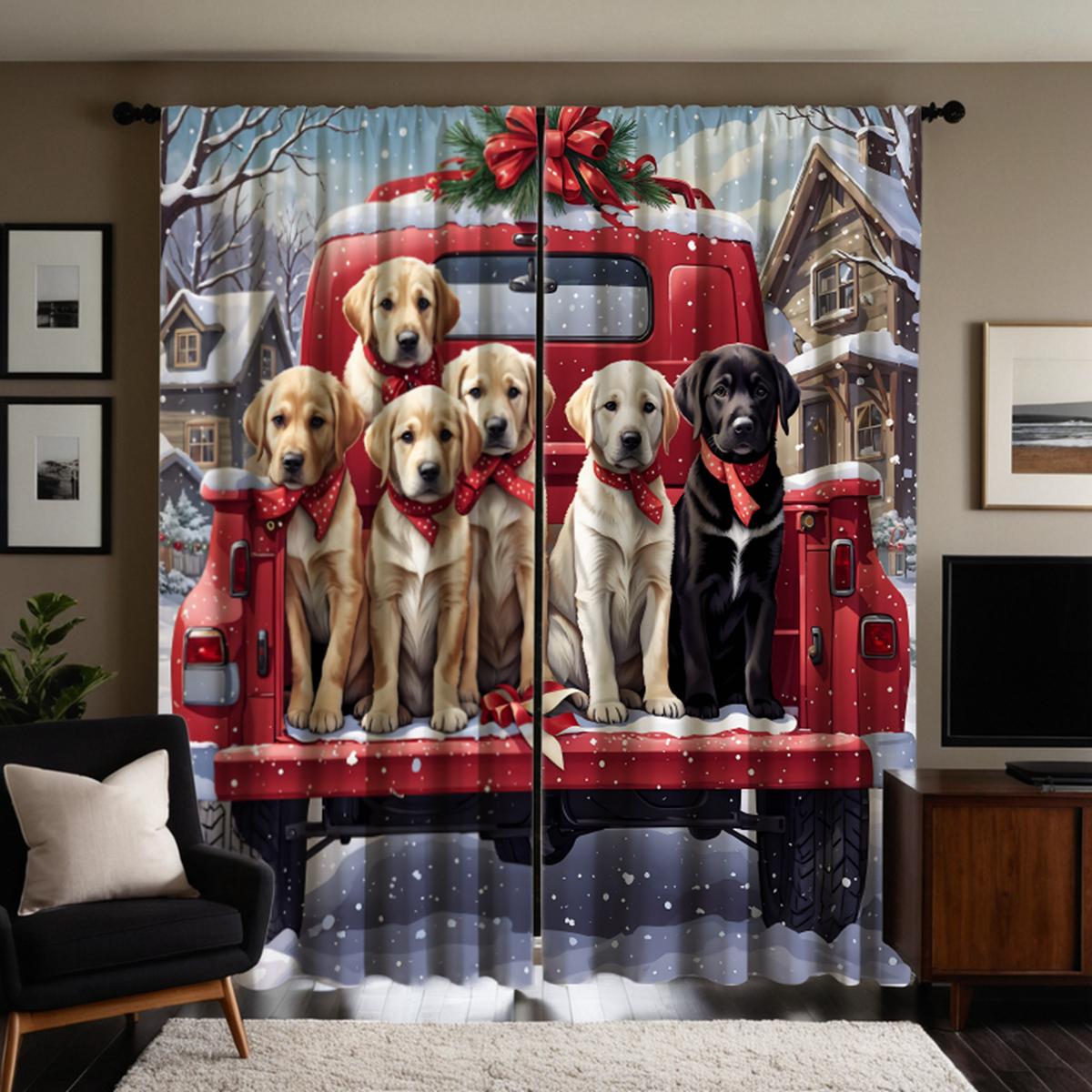 

2 шт. HD Рождественский снежный день щенок автобус декоративная занавеска Красный галстук цифровая печать занавеска украшение дома стиль украшение liv W52H63inchW132H160cm