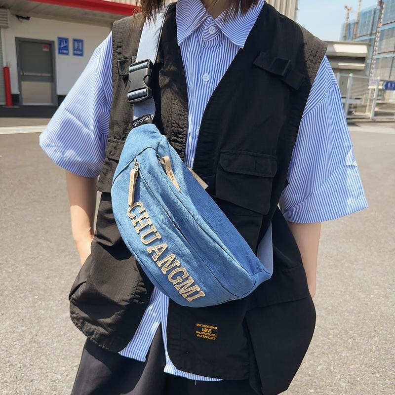 Women's Denim Chest Bag Letter Crossbody Bag Waist Bag Men's Large Capacity Sports Bag