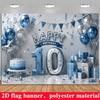 Blue Silver 10th Birthday Banner Backdrop Balloons Cake Gift Boxes Stars