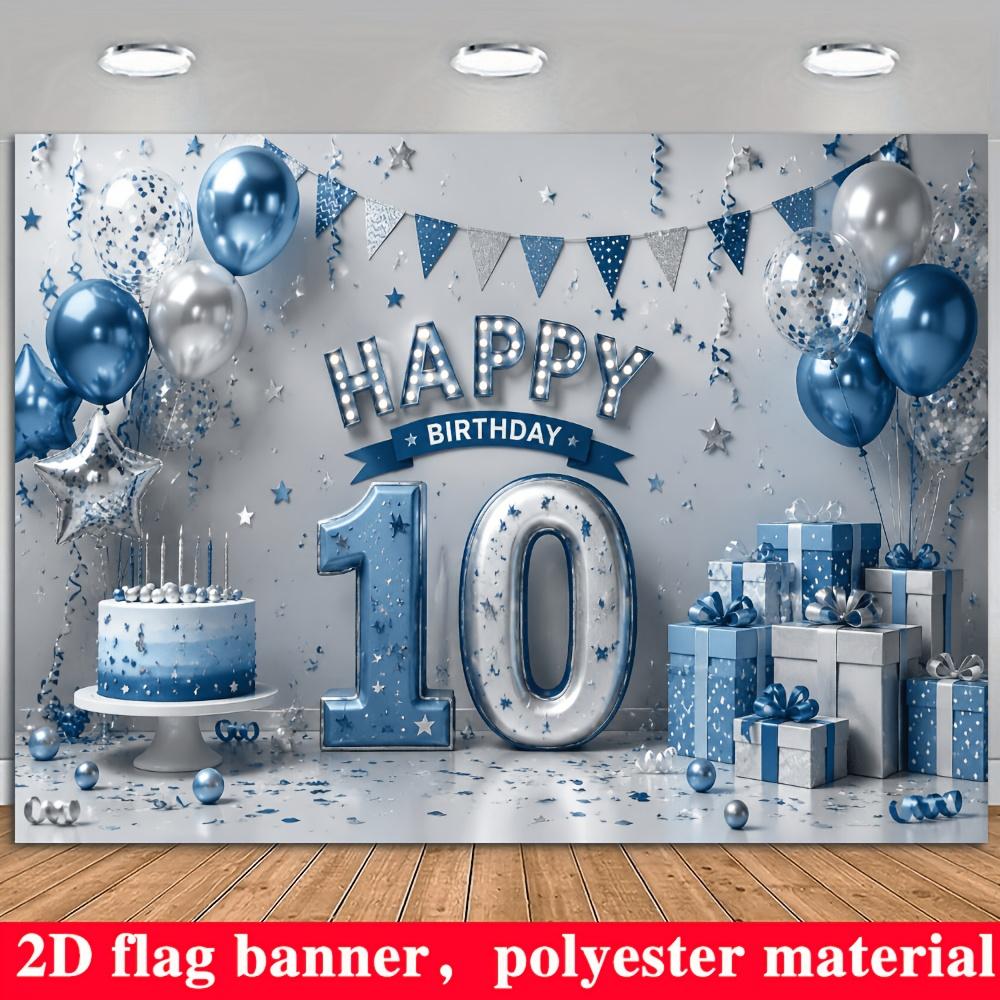 Blue Silver 10th Birthday Banner Backdrop Balloons Cake Gift Boxes Stars