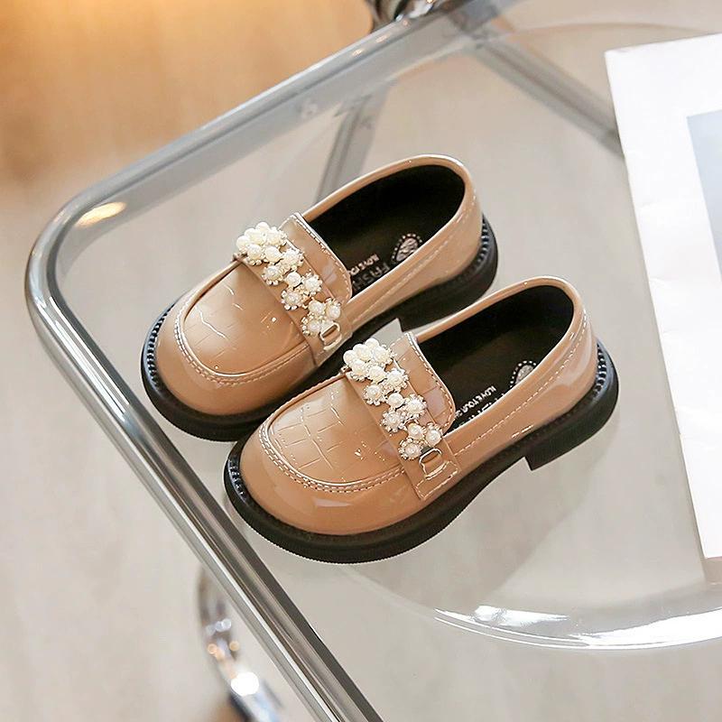 Kids PU Leather Shoes Korean Fashion Girls Pearl Casual Princess Shoes Little Girl Soft-soled Leather Shoes