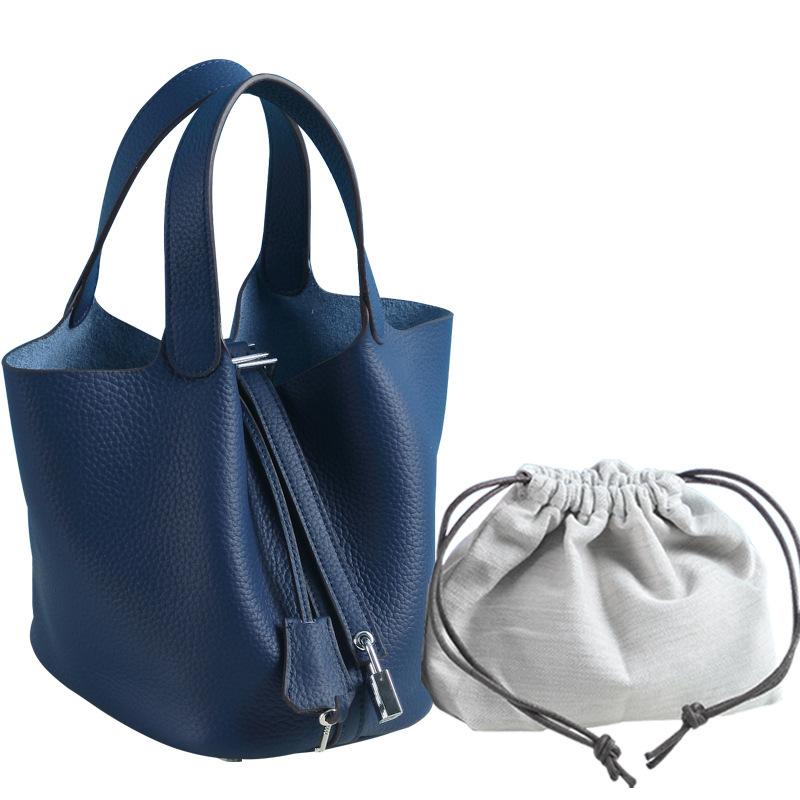 Leichter Luxus Echte Rindsleder Korb-Stil Eimer Tasche Neu für Damen Silberfarbener Schlossverschluss Oberer Griff Handtasche, KEIN LOGO
