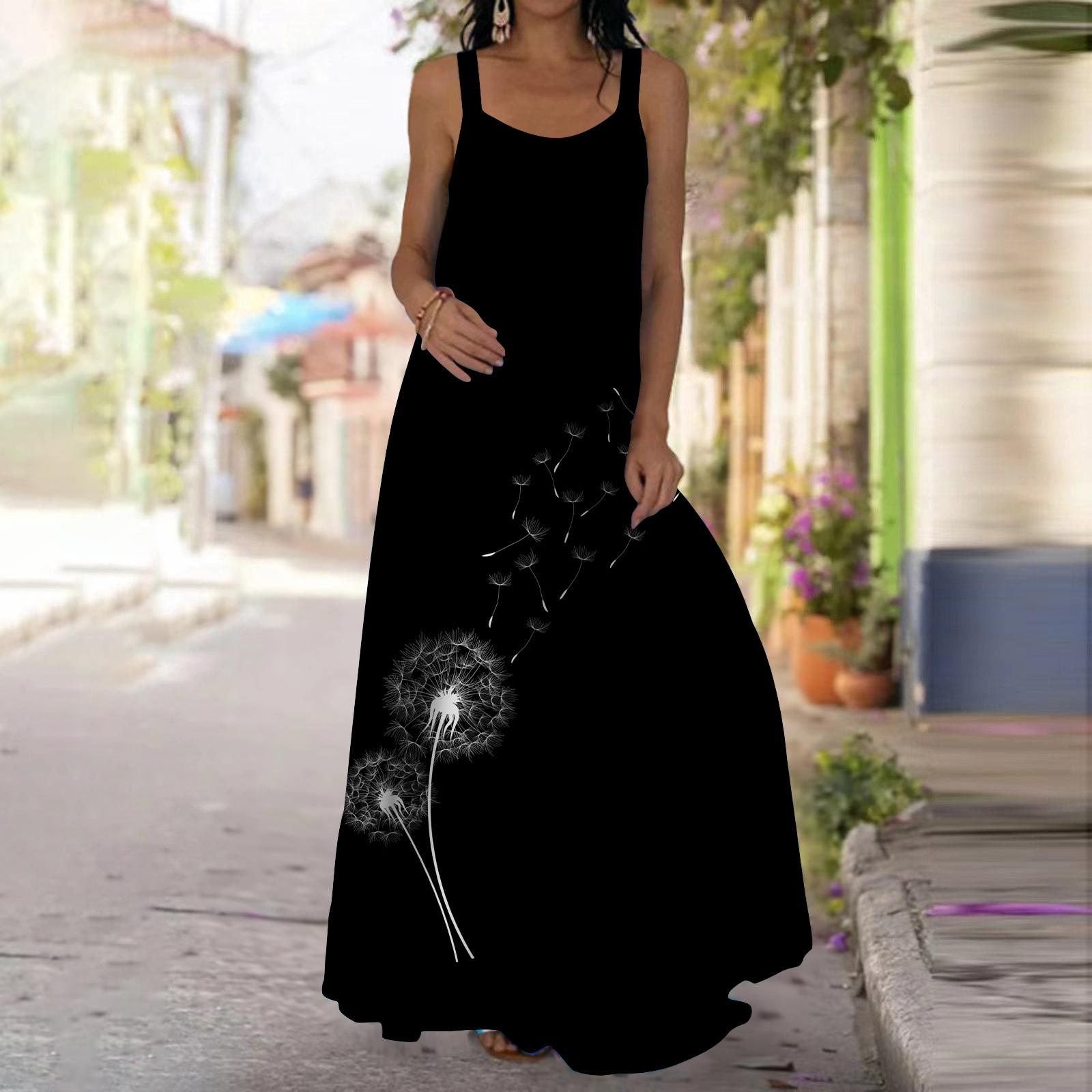 

Жіноча довга сукня-сукня максі, чорна сукня з принтом кульбаб, весняно-літній відпочинок, відпустка 8XL чорний