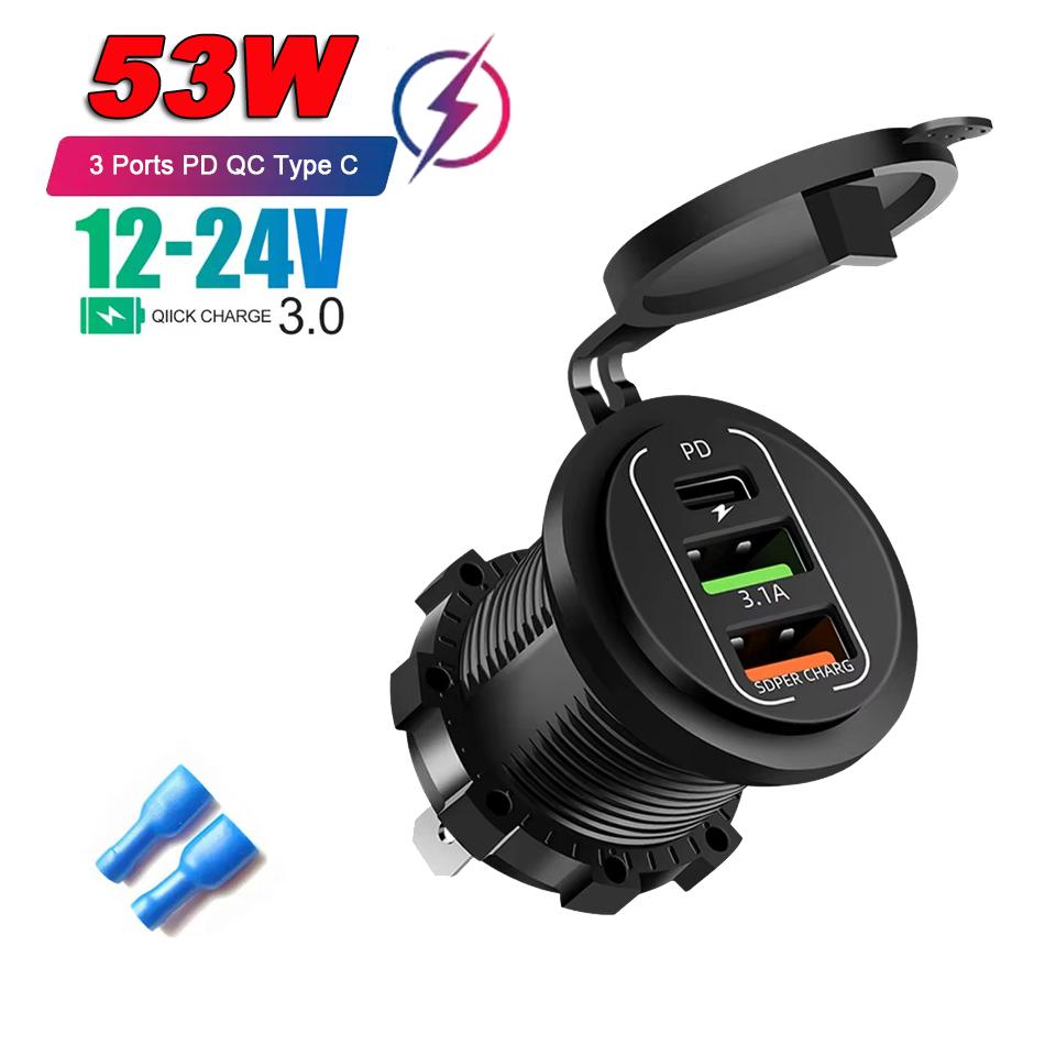 86W 4-Ports USB Charger with LED Voltmeter Dual PD & Dual QC3.0 Fast Charging Adapter Waterproof For 12/24V Car Boat Motorcycle