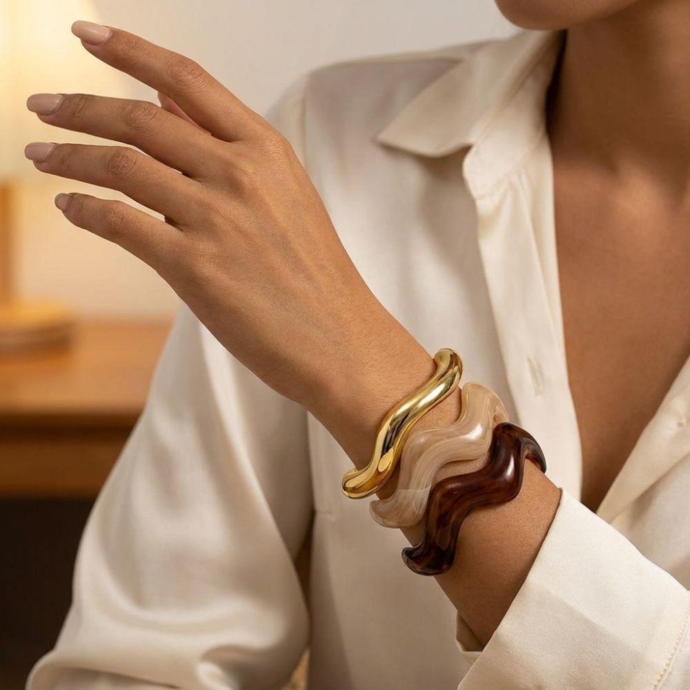3Pcs/Set Irregular Wavy Cuff Bangle Set Geometric Twist Stackable Bracelet  Trendy Jewelry
