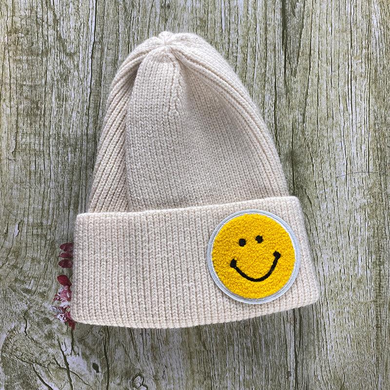 Hat Women Autumn and Winter Smiley Face Label Couple Knitted Hat Winter Pullover Woolen Hat Student Couple Warm Hat