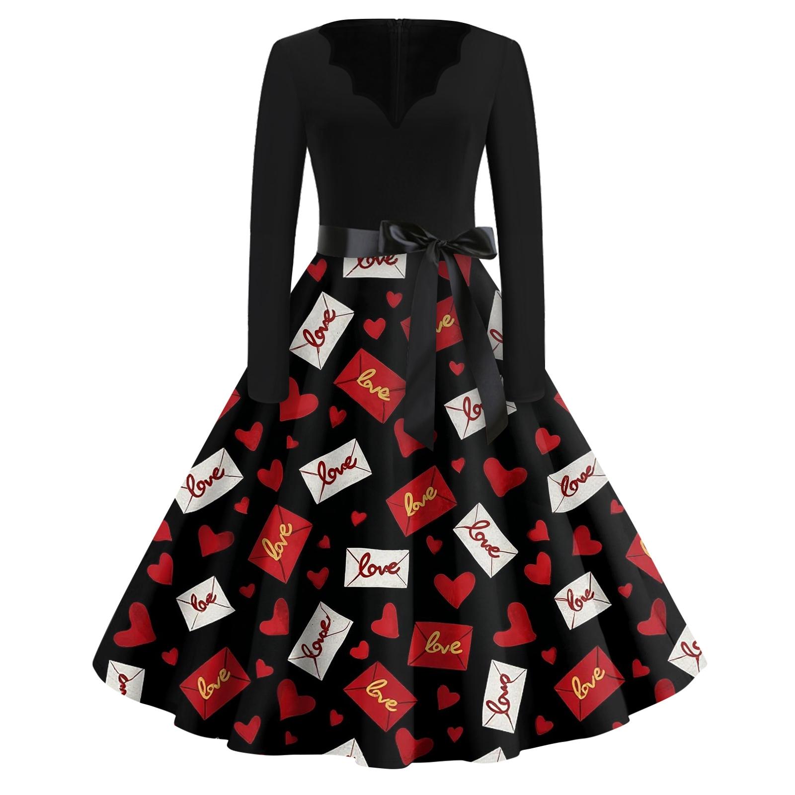 

Print Flare Dress For Women Long Sleeve Dress Hollow Party Casual Dresses XL червоний