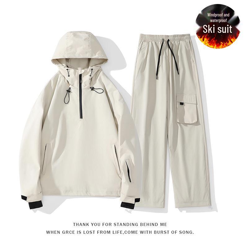 New Couple's Water-Repellent Hooded Ski Jacket & Pants Set - Fleece-Lined for Winter
