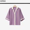 VONDA Oversized Womens Elegant Two Piece Set V Neck Half Sleeve Blouse and Wide Leg Pants Casual Loungewear Outfits