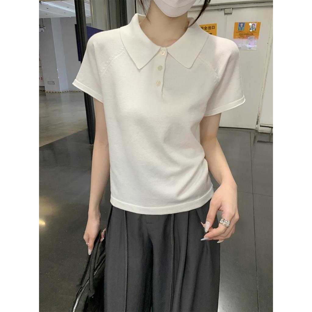 Premium Polo lapel knitted sweater short-sleeved women's summer T-shirt small fashionable temperament bottoming top
