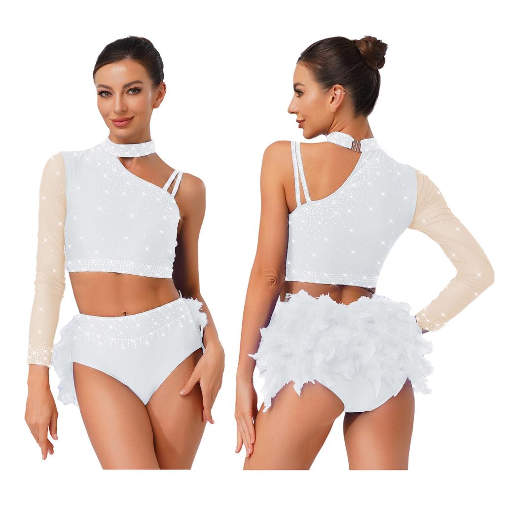 2-Piece Latin Dancewear Set for Womens - Sparkly Rhinestone One Shoulder Crop Top and Feather Back Briefs for Chacha Tango Belly Dance