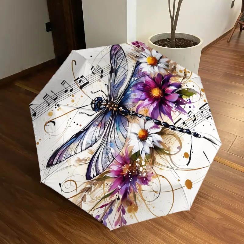 

Floral Dragonfly Automatic Folding Umbrella - Portable 3-Fold Design with Iron Frame, Perfect for Fans, Travelers, Daily Use, and Festive Gi