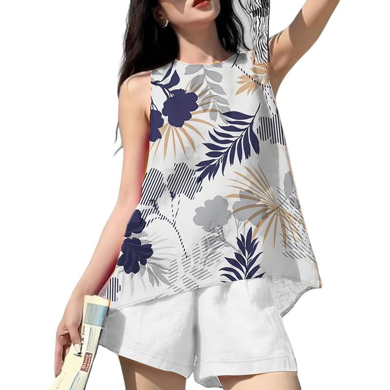 

ZANZEA Женские принтованные майки и шорты Летние комплекты из двух частей 2XL белый