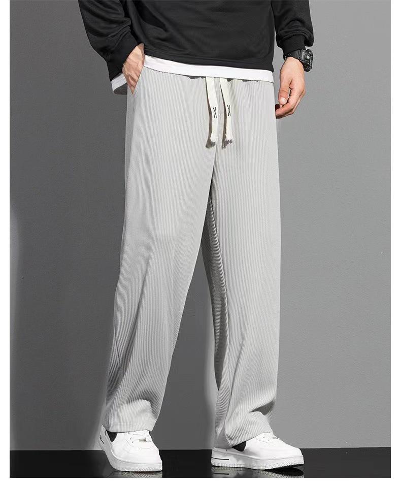 Men's Trendy Summer Ice Silk Wide-Leg Pants - Casual, Solid Color, Plus Size, Straight-Leg Sports Style