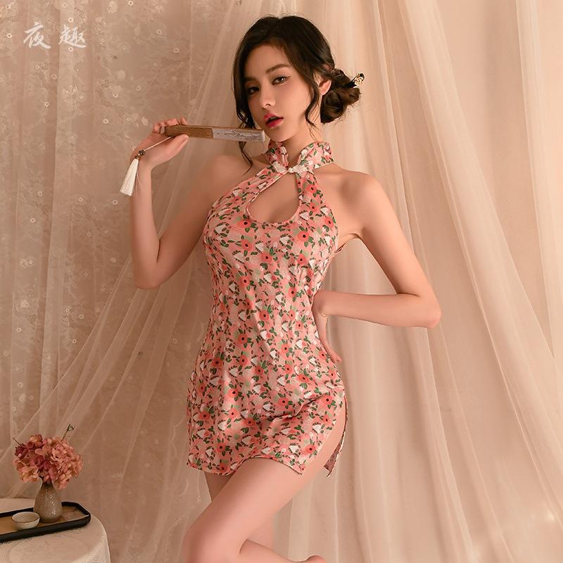 Sex underwear retro cheongsam large size sexy pajamas set floral deep V dew cheongsam passion set