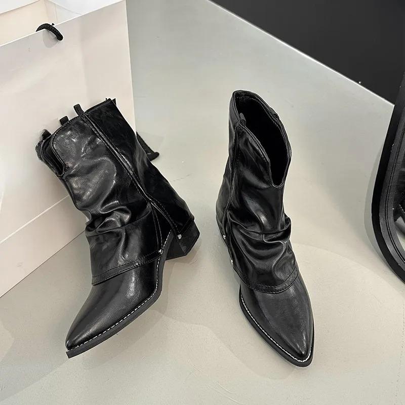 Fashion Women's Mid-calf Boots Pointed Toe Leather Boot Retro Short Leg Pants Tube Boots Classic Canvas Cowboy Boot Womens Fashion Boots
