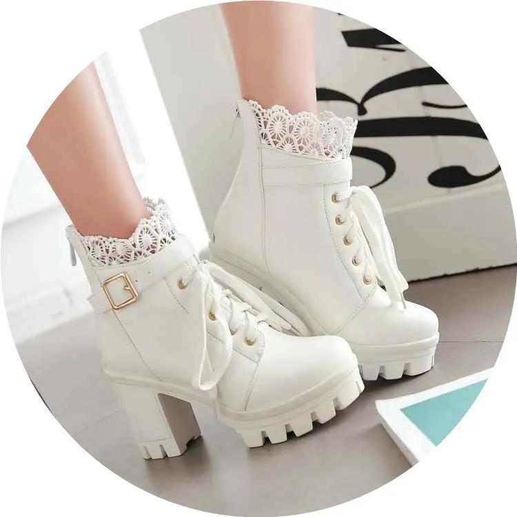 

Fashion Quality Women Boots Lace Block High Heels for Woemn Platform Boots Lace Up Bow Lady Ankle Boot and Comfy Walking Boots 2025 New 35 белый