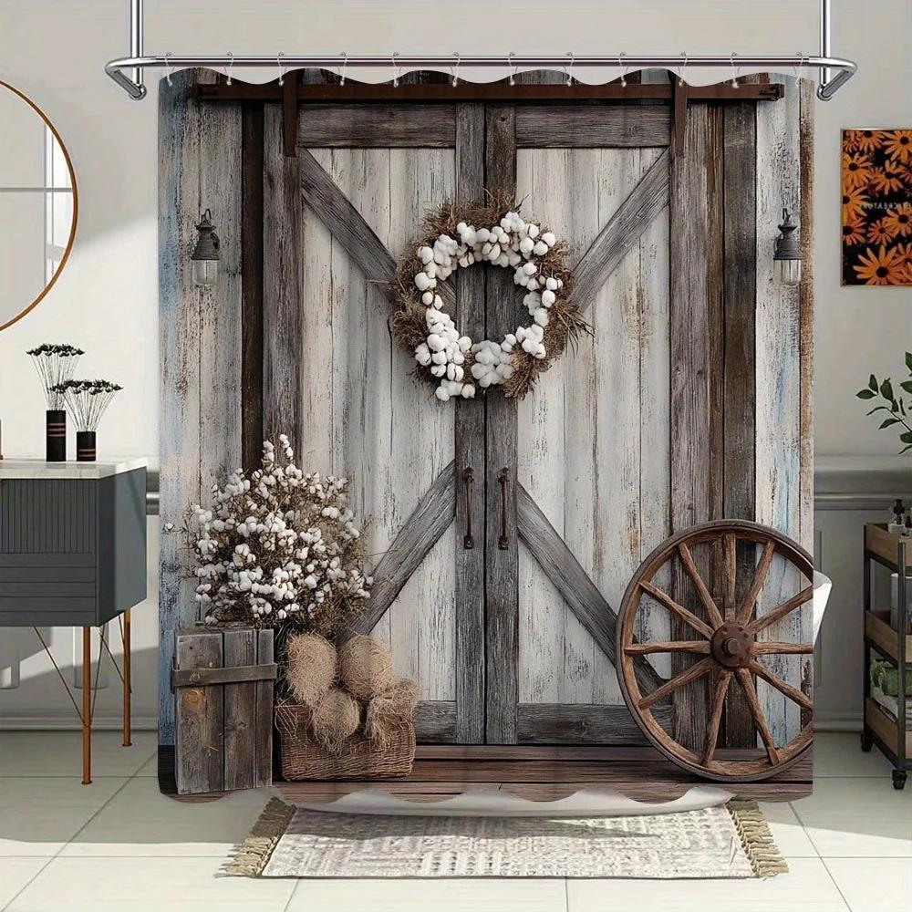 

Rustic Barn Door Shower Curtain - Hydrangeas, Wreath & Wagon Wheel Design, Vintage Country Style, Polyester W60H190(CM)-1 Pcs