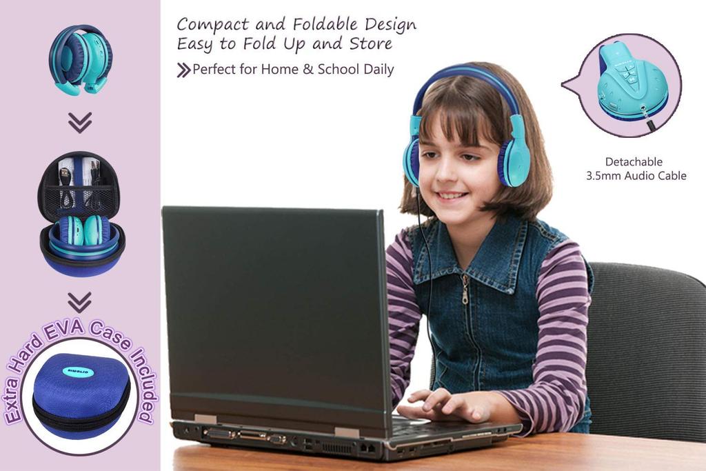 SIMOLIO Kids' Headphones, Bluetooth 5.0, Three-Level Volume Limit, Built-in Microphone, Sharing Port, Volume Control, Wired and Wireless Compatible,