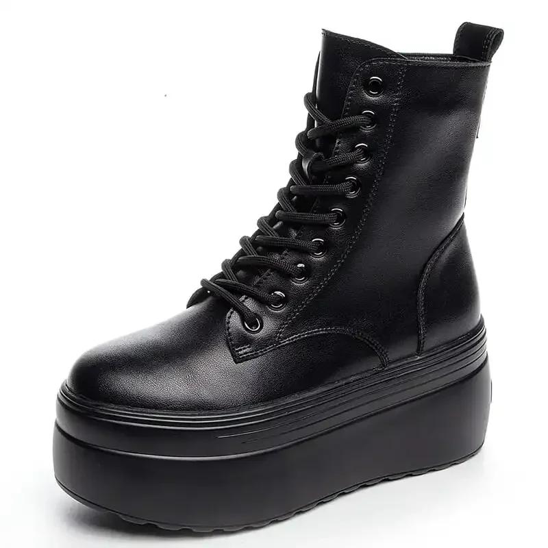 Fashion Hot Sales 8CM Non-slip Genuine Leather Platform Wedge Sneakers Super High Motorcycle Ankle Boots Autumn Winter Plush Women Shoes