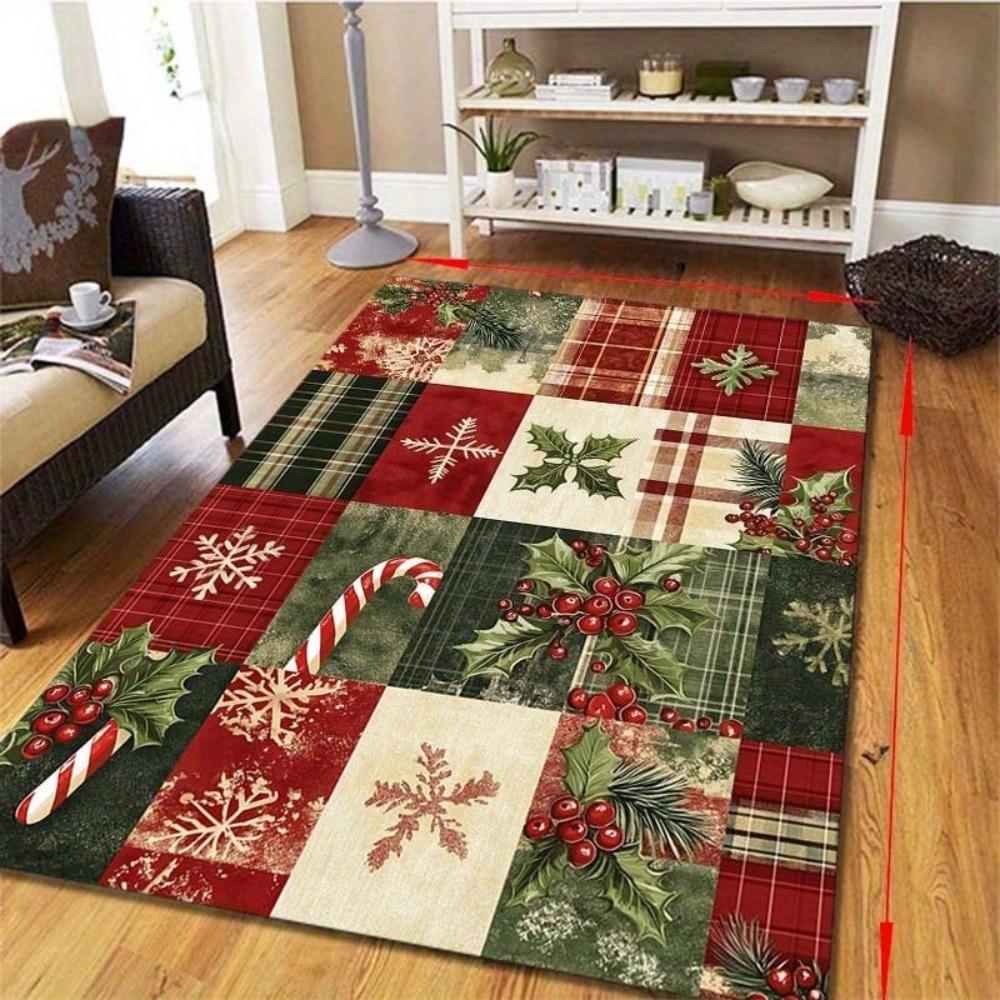 Vánoční patchwork koberec Sněhulák Sob Kobereček Červeno-zelená kostkovaná podložka Cesmína Bobule Domácí dekorace Protiskluzová podložka na podlahu do obývacího pokoje