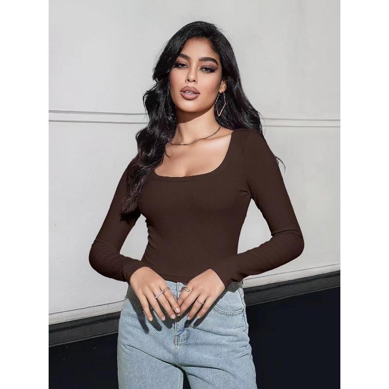 Women's Fashion Casual Spring Fall Solid Color Print Long Sleeve Square Collar Blouses & Shirts