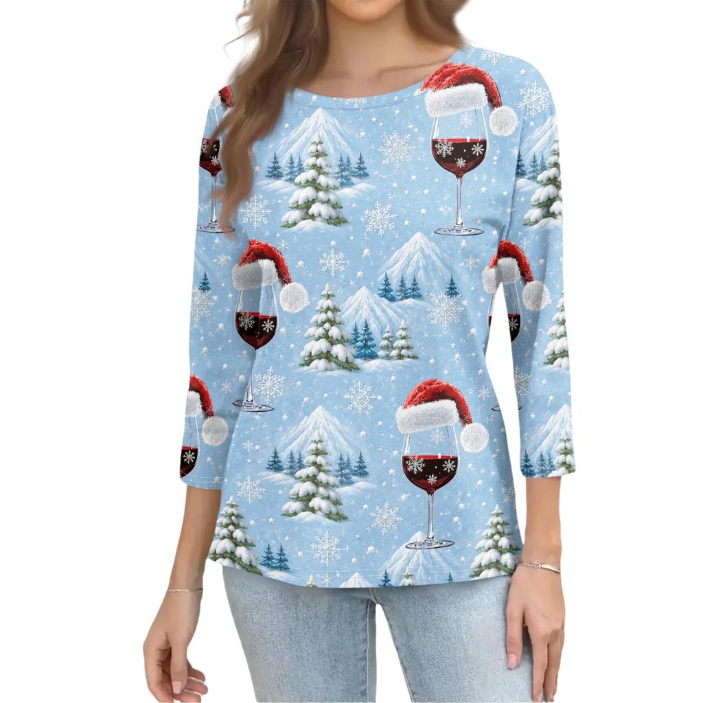 Top Casual Festivo da Donna con Stampa Natalizia e Manica a 3/4