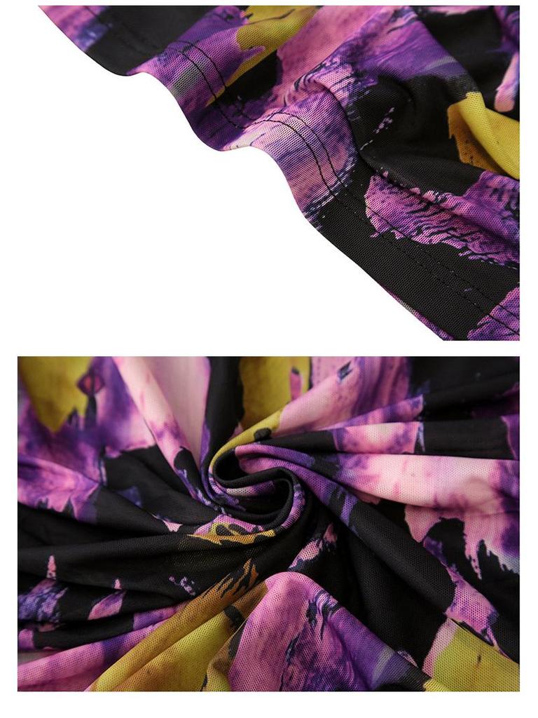 2025 Sommer Damen Slim Fit Mesh-Print V-Ausschnitt Rüschen Kurzarm Mode Top