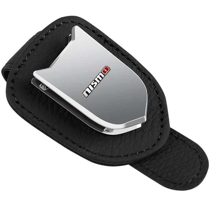 Auto Brillenetuis Fahrkartenhalter Auto Sonnenblende Leder Metall Sonnenbrillenhalter Für Nissan Nismo Tiida Teana GTR Juke Qashqai