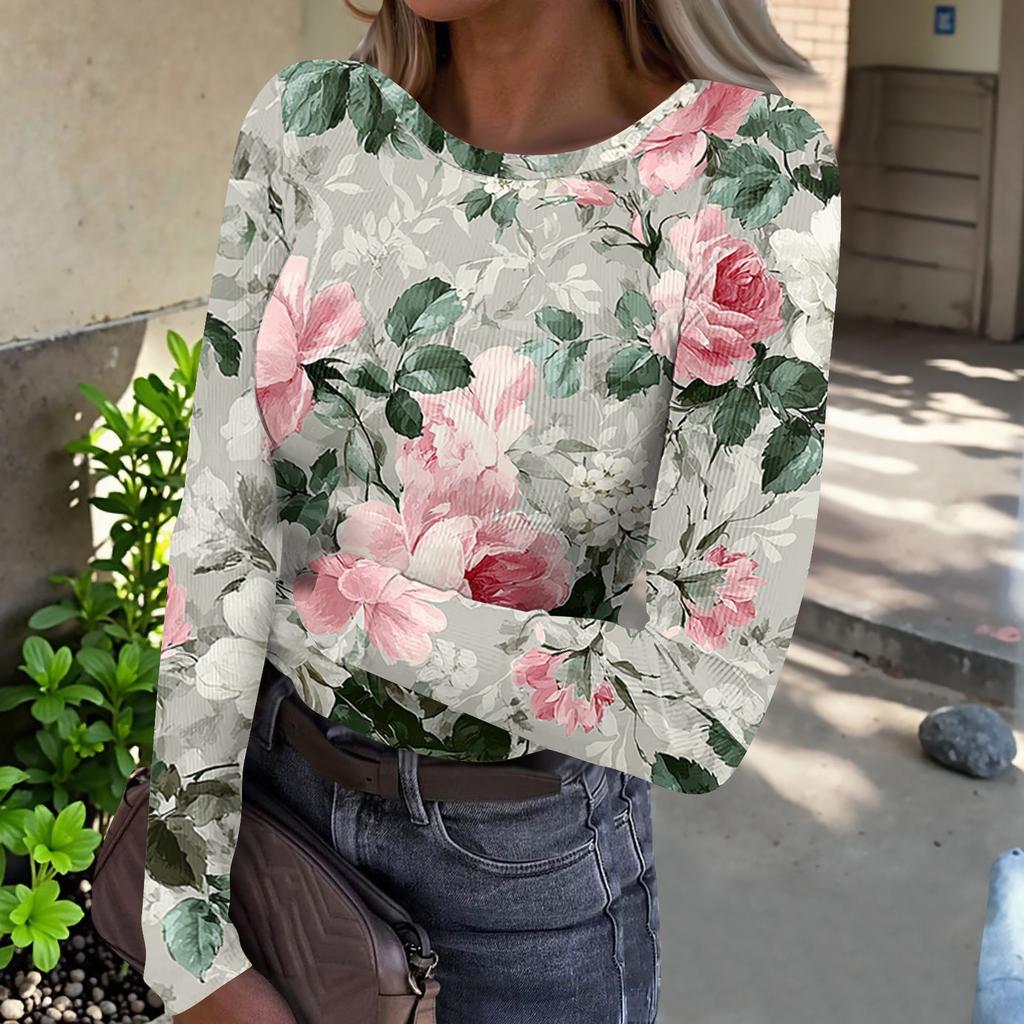 Women's Casual Ribbed Long Sleeve Top Floral Print Crew Neck Stretchy Slim Fit Lightweight Shirt for Everyday Wear