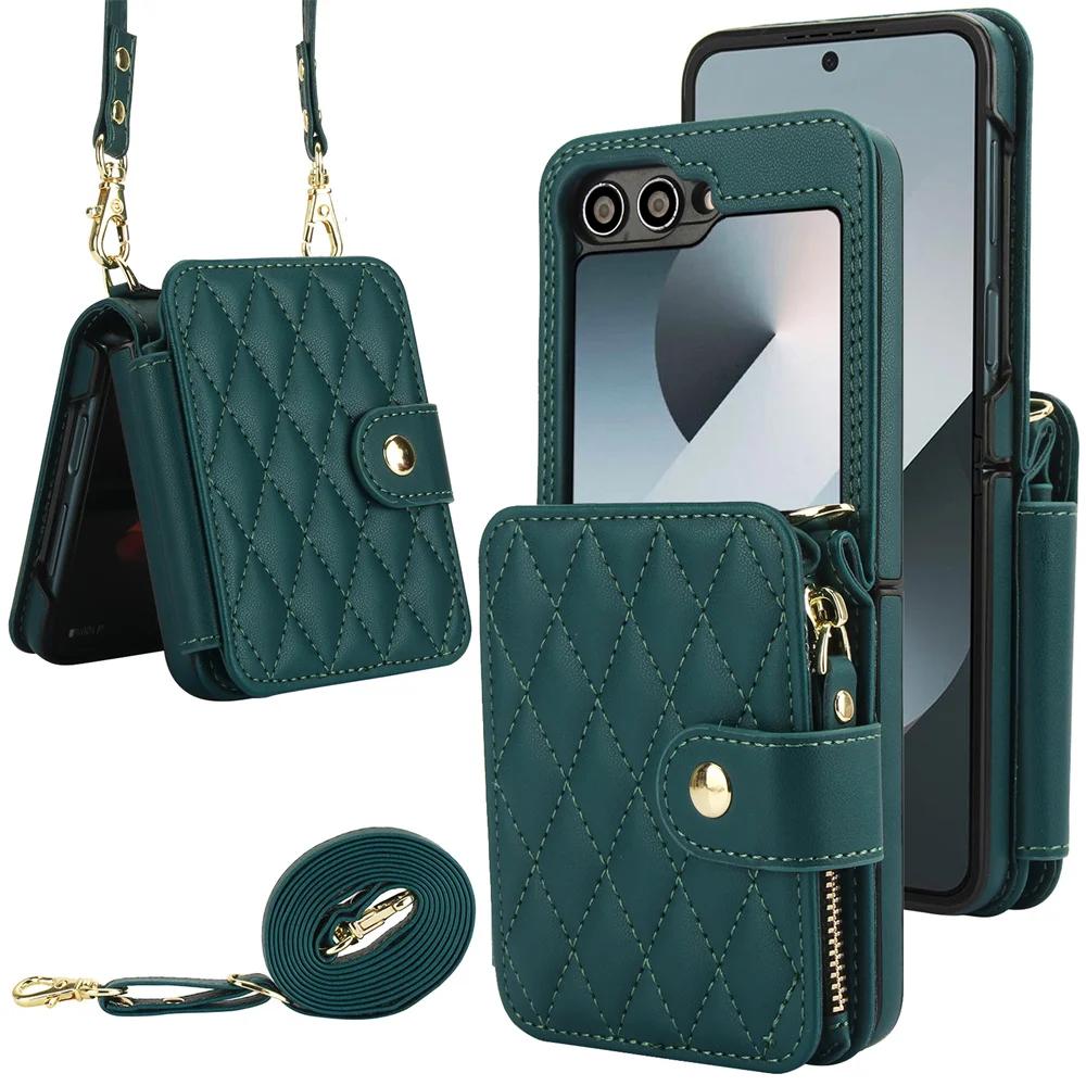 Crossbody Wrist Strap Wallet with Card Holder Phone Case for Samsung Galaxy Z Flip 6 5 4 3 Flip6 Flip5 Flip4 Flip3 Leather Cover