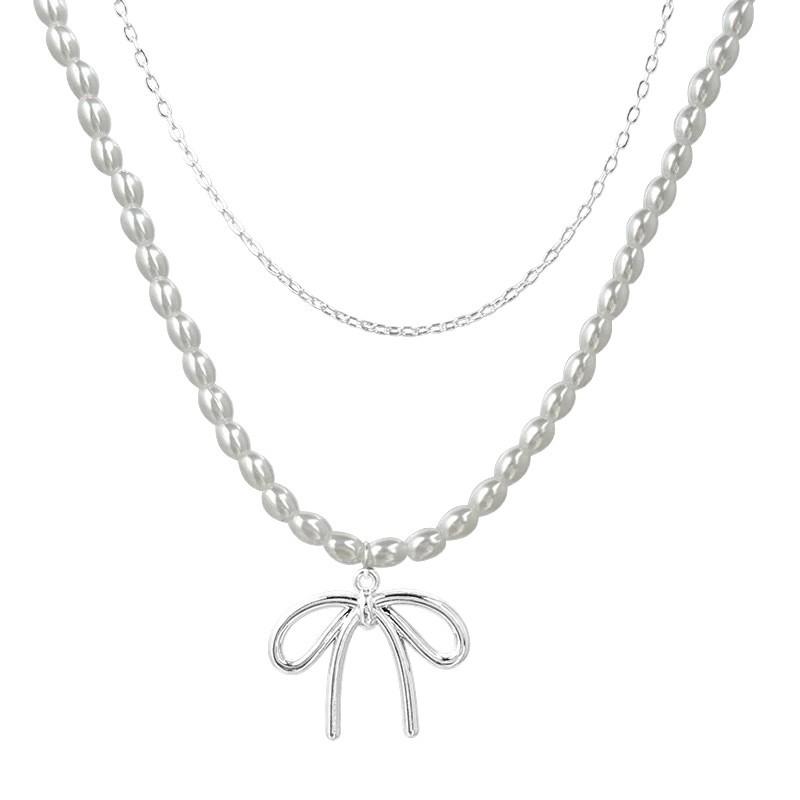 High-End Faux Pearl Bow Necklace with Double Layer Clavicle Chain