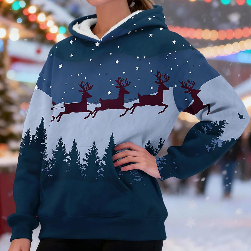 Women's Fashionable Casual Long-Sleeved Christmas Print Fleece-Lined Thick Hooded Sweatshirt